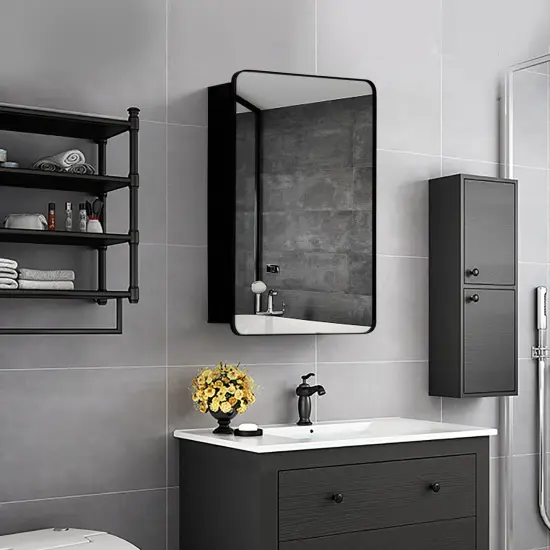 Basicwise Multi-Purpose Aluminum Bathroom Storage Medicine Cabinet - Beveled Edge Mirror and Sleek Round Corner Frame with 2 Adjustable Shelves, Recessed or Surface Mount Installation, Black Finish {3}
