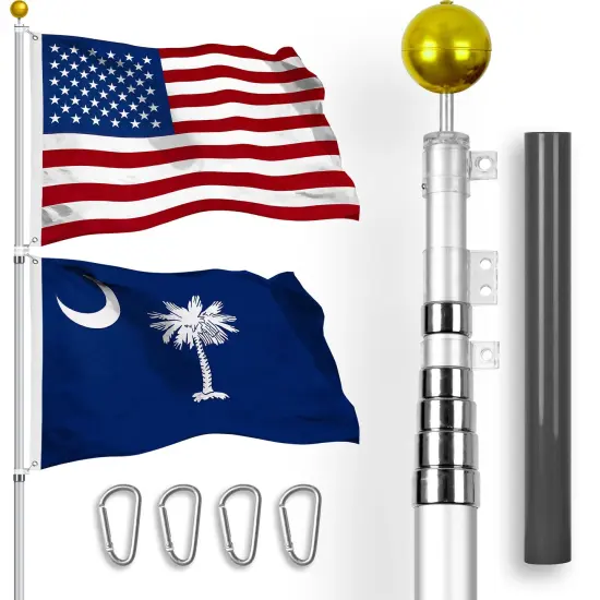 G128 Combo Pack: 25 Ft Telescoping Aluminum Flagpole (Silver) & American and South Carolina Flags 3x5 Ft, Both StormFlyer Series Embroidered 220GSM Spun Polyester | Pole with Flags Included {1}