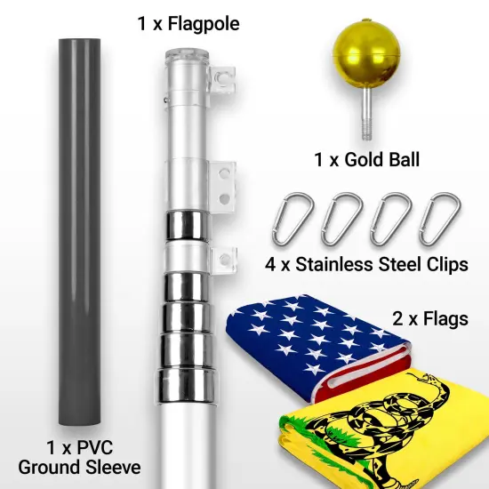 G128 Combo Pack: 25 Ft Telescoping Aluminum Flagpole (Silver) & American and Gadsden Flags 3x5 Ft, Both StormFlyer Series Embroidered 220GSM Spun Polyester | Pole with Flags Included {2}