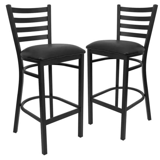 Emma and Oliver 2 Pack Ladder Back Metal Restaurant Barstool BlackVyl/BlackMetal {2}
