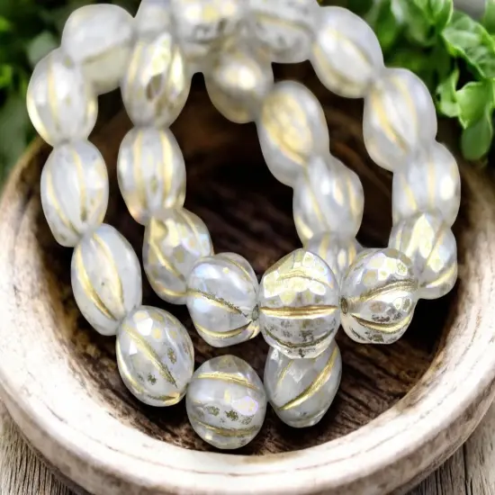 *12* 10mm Gold Washed Crystal Opaline AB Faceted Round Melon Beads {3}
