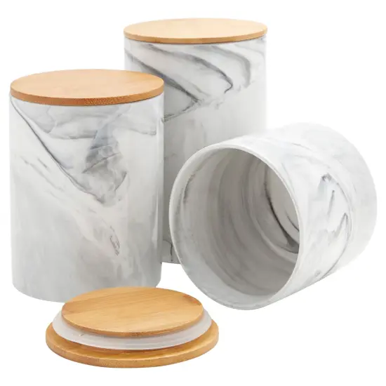 Set of 3 Marble Canisters with Airtight Wooden Bamboo Lids, Kitchen Counter Containers, Food Storage Jars, Ideal for Storing Sugar, Coffee, Snacks and Other Dry Goods, (3 Sizes) Grey {6}