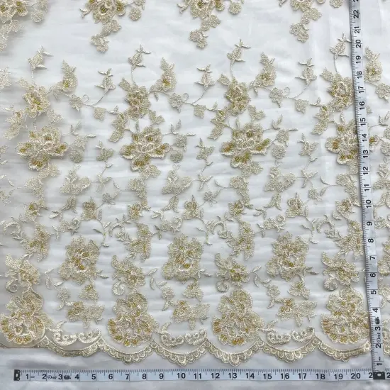 1 Yard Champagne with Gold Beaded Lace Fabric Embroidered Pearl Sequin Mesh Bridal Gown 54" Width {3}