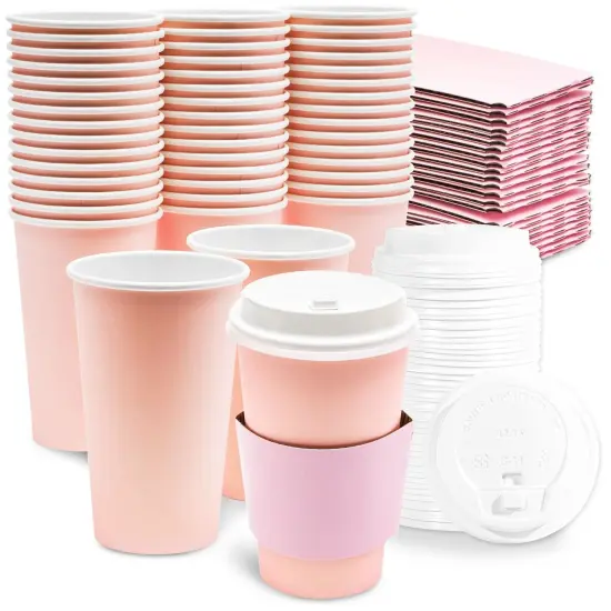 16 oz Disposable Coffee Cups with Lids and Sleeves, Paper Insulated for Hot To Go Drinks (Blush Pink, 48 Pack) {1}