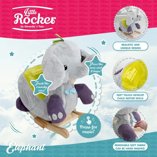 Gerardo's Toys: Little Rockers - Elephant - Wooden Plush Ride-On Rocking Animal Toy, Plays Music, Removable Soft Fabric Cover, Toddler Kids Ages 24mo+ {4}
