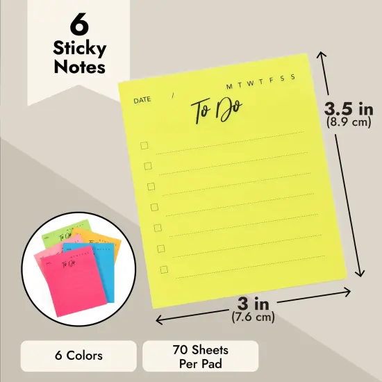 6 Pack Small To Do List Sticky Notes, Daily Planning Notepad for Memos, 6 Neon Colors (3 x 3.5 In) {4}