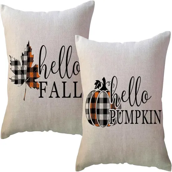 Set of 2 Hello Fall Throw Pillow Covers Buffalo Plaid {1}