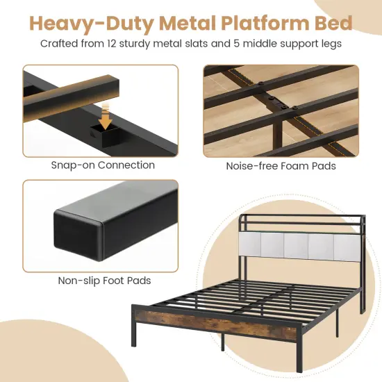 Queen Size Bed Frame with LED Light and Charging Station {4}