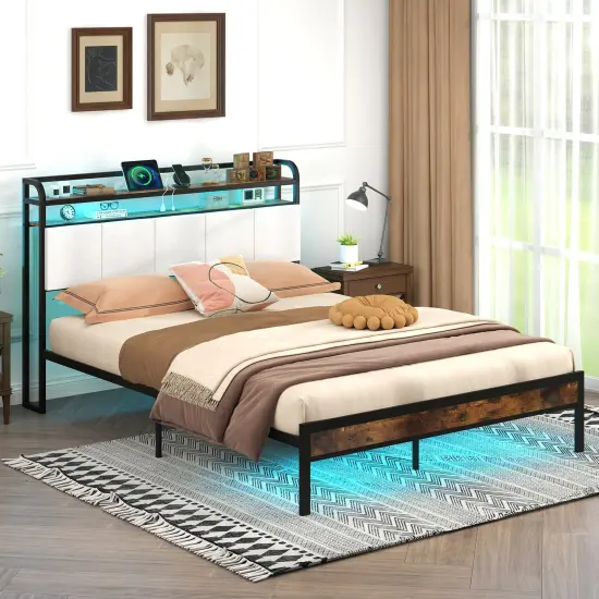 Queen Size Bed Frame with LED Light and Charging Station {2}
