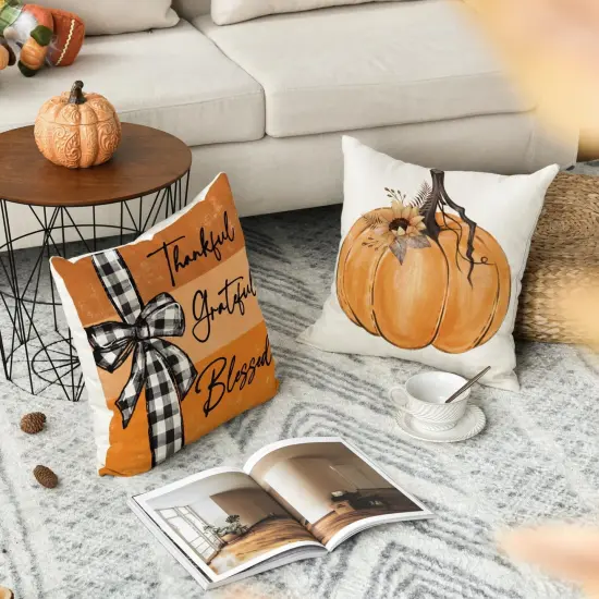 Set of 4 Fall Pumpkin Home Sweet Home Throw Pillow Covers 18 x 18 Inch {3}
