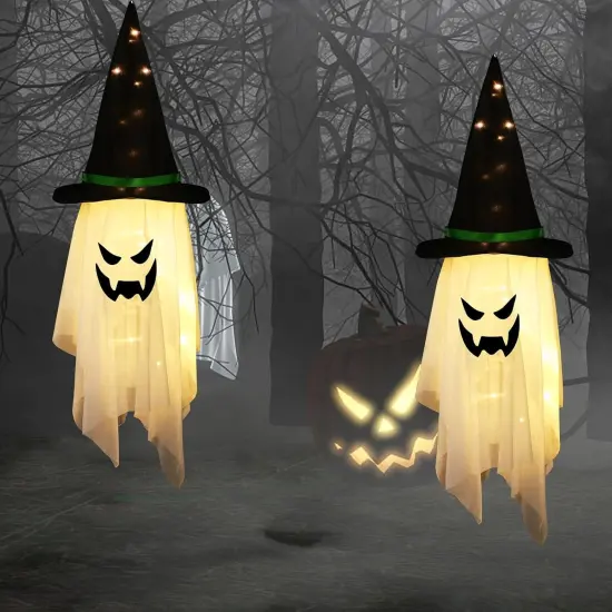 Halloween Decorations Outdoor Hanging Lighted Decor Glowing Ghost Witch Hat {3}