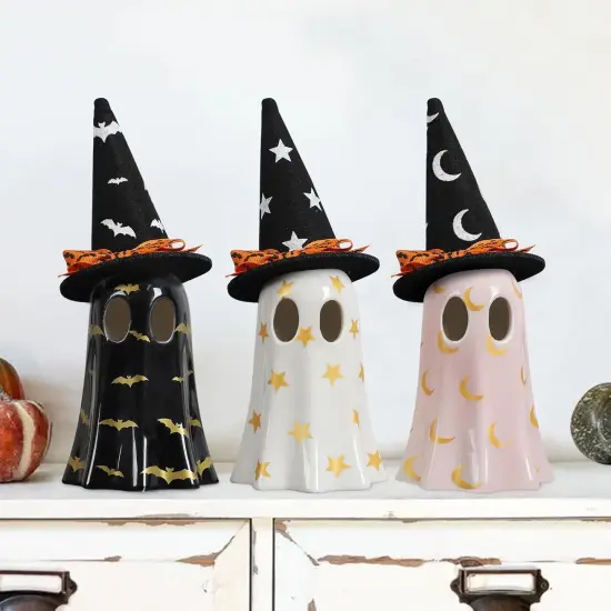 Halloween Decorations Indoor, Set of 3 Ceramic Ghosts with Witch Hats {2}
