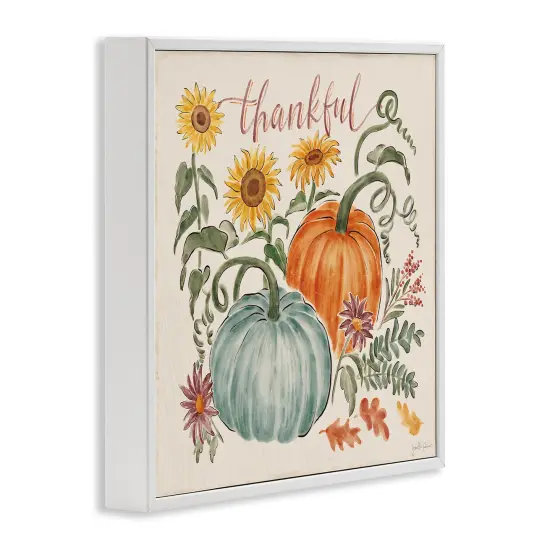 Thankful Text Autumnal Flower Blossoms Pumpkins Design Framed Giclee Art White {3}