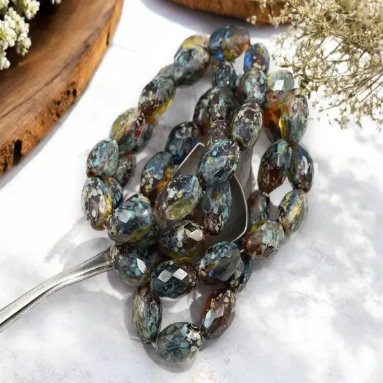 *12* 12x8mm Moss Amber Picasso Fire Polished Faceted Oval Beads {4}