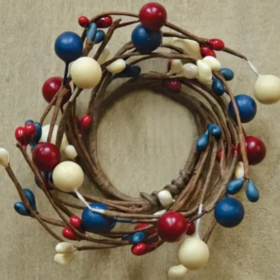 Americana Berries Candle Ring for Patriotic Decor Red Blue Ivory Twig Branch {1}