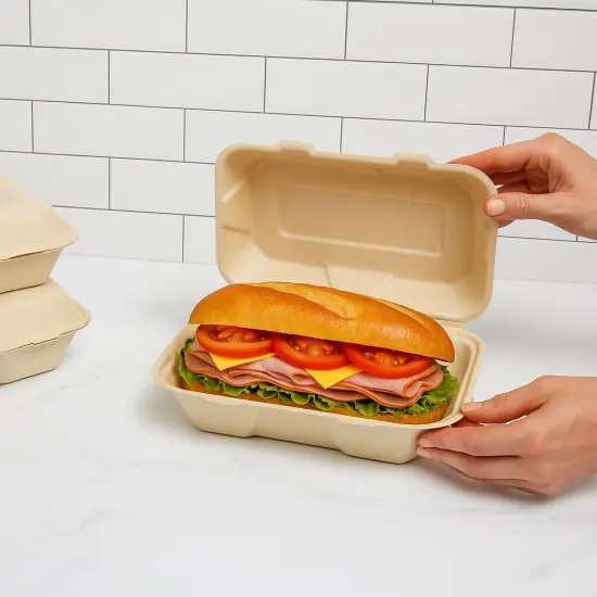 Greener Settings 75-Pack Compostable 9x6 Inch Clamshell Food Containers, Disposable Heavy-Duty Bagasse To-Go Boxes, Microwavable, Recyclable, Freezer Safe for Nachos, Wings, Cookies, Meals {6}