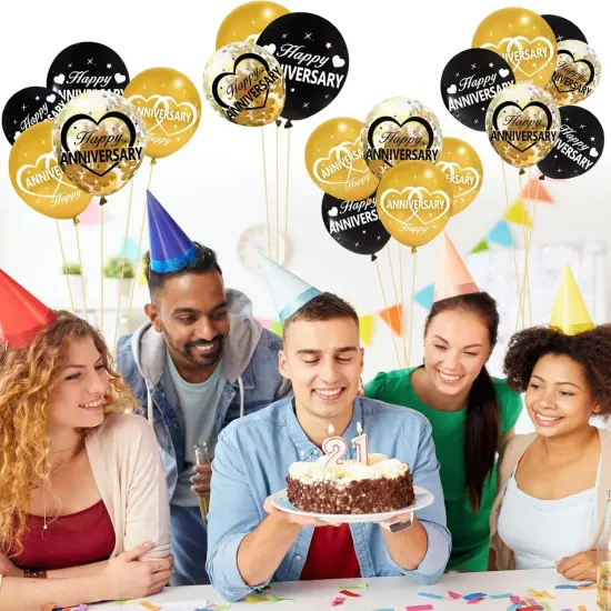 30Pcs Happy Anniversary Balloons Decorations Kit, 12 Inch Black Gold {4}