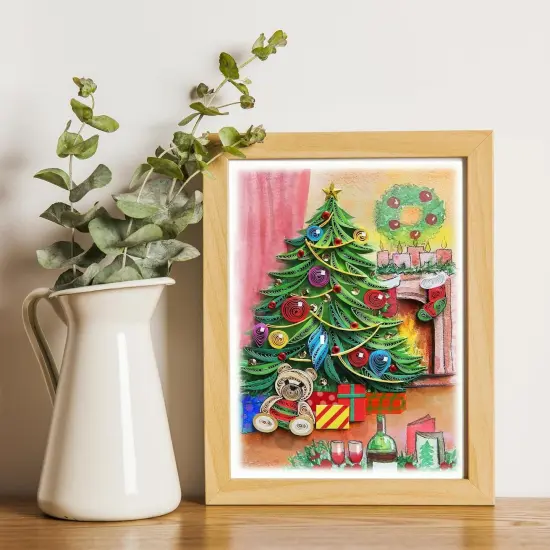 Xmas Tree Snowman Card, 5 x 7, Handmade 3D Quilling Art, Warm Christmas Colors, Blank Inside, Envelope Included {3}