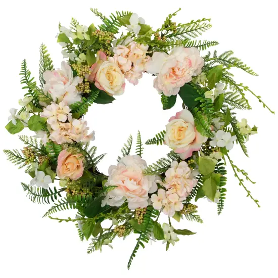 Northlight Rose and Peony Fern Artificial Floral Spring Wreath, Pink - 24-Inch {3}