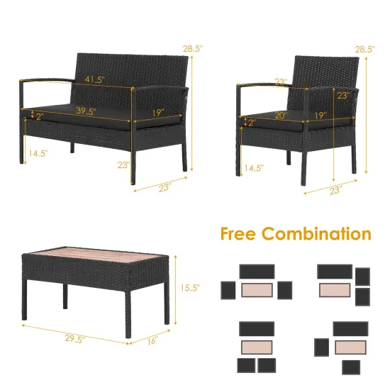 Costway 4PCS Patio Rattan Furniture Set Cushioned Chair Wooden Tabletop Black {3}