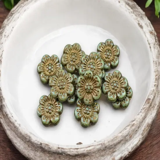 *12* 14mm Dark Bronze Washed Opaque Sage Green Picasso Wildflower Beads {4}