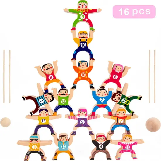 Wooden Stacking Toys,16Pcs Circus Hercules Acrobatic Troupe Interlock Toy,Balancing Building Blocks Game Toddler Puzzle Toys,for 3 4 5 6 Years Old Kids Adults {1}