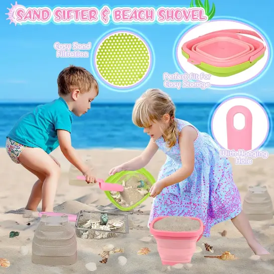 Summer Beach Toys, Sand Toys with Collapsible Beach Bucket, Beach Mesh Shovel, Sand Sifter and Mesh Bag for Shell Collecting, Shark Tooth Sifter Sand Dipper Beach Scoop for Kids Adults Boys Girls {4}