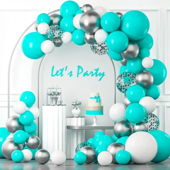 Teal Silver White Balloons Garland Arch kit,120Pcs 18 12 10 5 In Teal and White Metallic Silver Confetti Latex Balloons for Graduation Baby Shower Weddings Birthday Party Decorations {1}