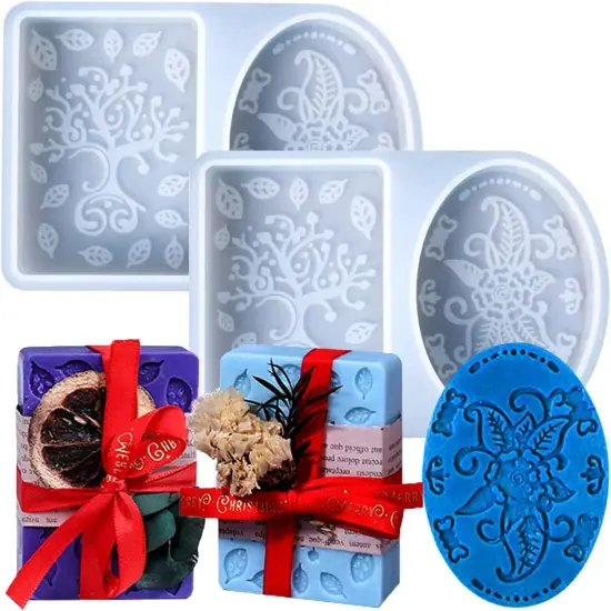 Soap Silicone Mold, 2 Pack Embossing Flower Handmade Soap Mold, Rectangle & Oval Silicone Soap Molds {1}