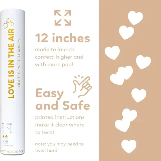 White Biodegradable Heart Confetti Poppers Confetti Cannon | 6 Pack | Party Poppers Decoration for Valentine's Day, Wedding, Bridal Shower | Wedding Supplies Party Favors | 12 in {3}