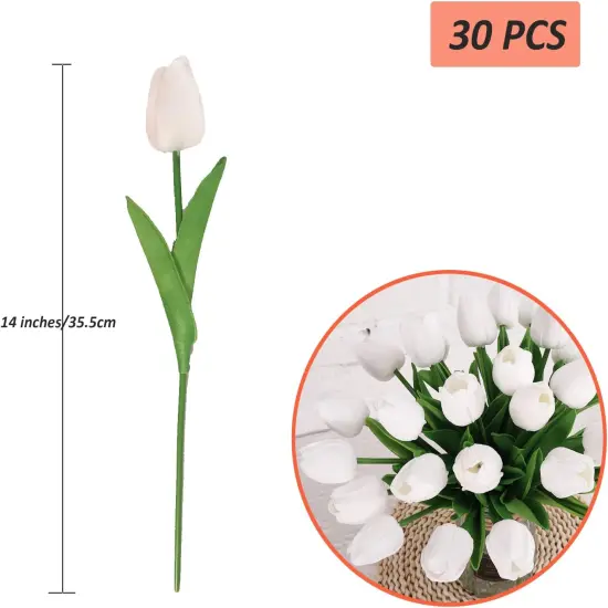 30pcs Real Touch Tulips PU Artificial Flowers, Fake Tulips Flowers for Arrangement Wedding Party Easter Spring Home Dining Room Office Decoration. (White, 14" Tall) {2}
