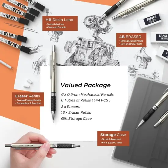 0.5 mm Art Mechanical Pencils Set in Gift Case, 6 PCS Metal Drafting Pencil 0.5mm with 6 Tube HB Lead Refills & 18 PCS Eraser Refills for Adults, Children, Artist Writing, Drawing, Sketching {4}