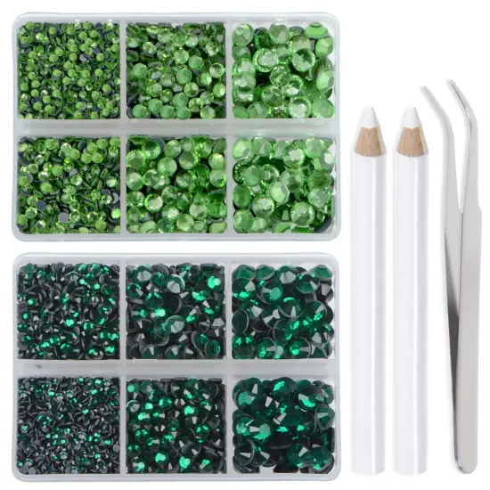 6400 Pieces Emerald and Peridot Hotfix Rhinestones Flat Back 5 Mixed Sizes Crystal Round Glass Gems with Tweezers and Picking Rhinestones Pen {1}