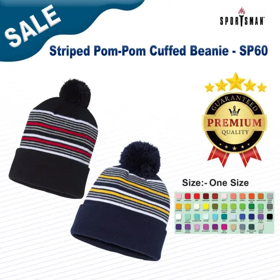 Sportsman&reg; Striped Pom Pom Cuffed Beanie Red W G Black {3}