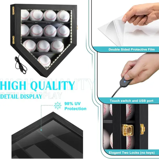 Baseball Display Case with Light, LED Baseball Holder Shadow Box for 12 Baseballs Display, HD Acrylic Front UV Protection,Wooden Frame for Collecting Autographed Balls Exquisite Souvenirs {3}