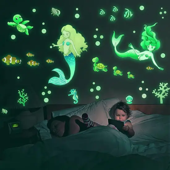 Glow in The Dark Mermaid Wall Decals Sea Turtle Luminous Sticker Seahorse Ceiling Decor for Girls Room Nursery Mermaid {1}