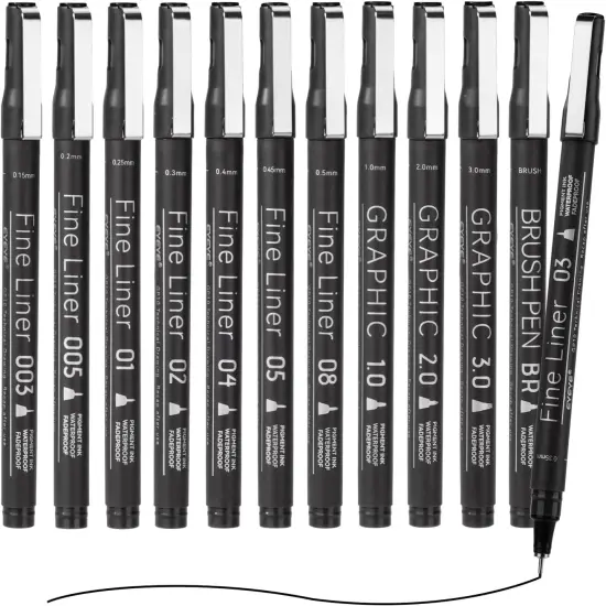 Micro Fineliner Pens, Black Drawing Art Pens,12 Archival Pen Waterproof Ink Set Artist Supplies Archival Inking Markers Sketch Outline Pen, Precision Drawing and Sketching Kit {3}