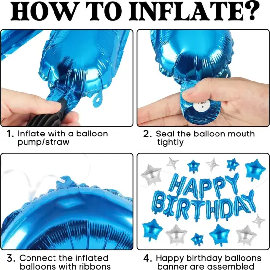 Blue Happy Birthday Banner Balloons Letters Balloons 16 Inch with 12 Pcs Star Foil Balloon Birthday Party Decorations {4}