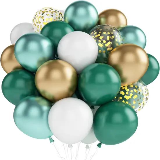 Metallic Green Gold Balloons, 60 Packs 12 Inch Dark Green White Gold Latex Balloons {1}