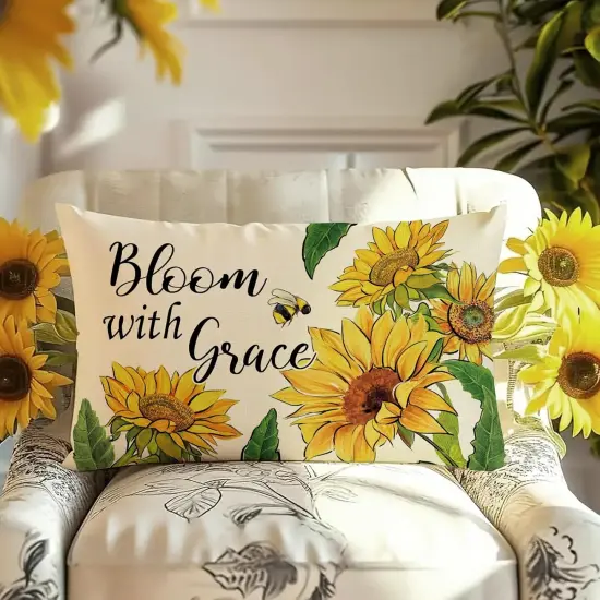 Spring Summer Sunflower Lumbar Decorative Rectangle Pillow Cover 12 x 20, Fall Autumn Flower Bee Porch Patio Outdoor Pillowcase, Bloom with Grace Floral Sofa Couch Cushion Case Home Decor {4}