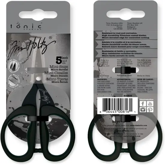 Tim Holtz Small Scissors - 5 Inch Mini Snips with Micro Serrated Blade - Craft Tool for Cutting Paper, Fabric, and Sewing - Titanium with Black Comfort Grip Handles {4}