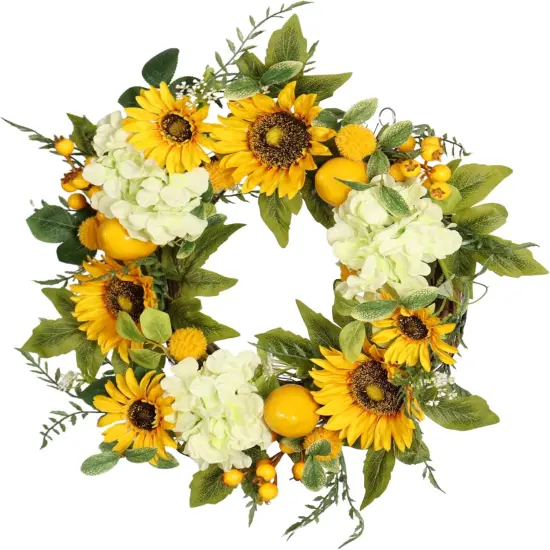 Sunflower Wreath with Hydrangeas, Lemons, Big Berry,Summer Wreath for Front Door, Unique Housewarming Gift,mother'day Gift,Farmhouse Porch Decor, Wall Decor-22IN {2}