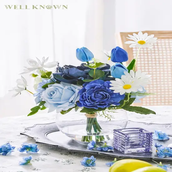 Artificial Flowers with Vase Silk Flower Arrangements in Round Bowl Vase with Faux Water for Home Table Decoration (Mixed Blue) {2}