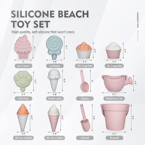 17Pcs Summer Silicone Beach Toys,Modern Baby Beach Toys,Travel Friendly Beach Set,Silicone Bucket, Watering Can, Shovel, 12 Sand Molds, Beach Bag,Silicone Sand Toys for Toddlers, Kids (Pink) {2}