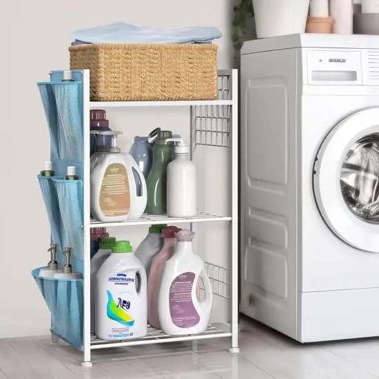 3-Tier Laundry Room Storage Rack with Hooks & Storage Bags - White Space-Saving Shelves for Detergent, Towels, Supplies - Multifunctional Organizer for Bathroom, Kitchen, Garage {1}