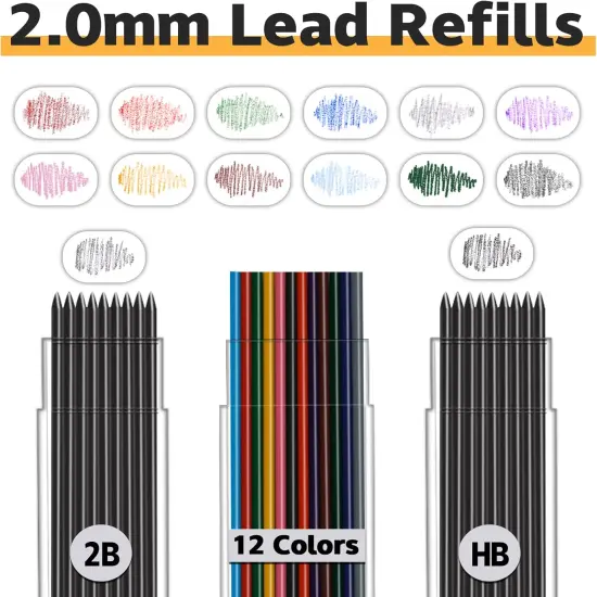 22 Pcs 2.0 mm Mechanical Pencils Set, 8 Pcs Lead Pencils with 10 Case Lead Refills 2B, HB Black & Colors, 2 Pcs Erasers and 2 Pcs Sharpeners for Drawing, Sketching and Drafting {5}