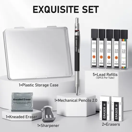 2MM Mechanical Pencil Set With Case, Artist Metal Lead Holder, 60PCS Graphite Refill (HB, 2H, 2B, 4B, Color), Kneaded Eraser, Sharpener for Writing, Drawing, Sketching {3}