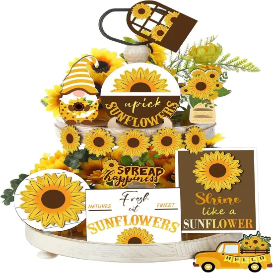 12 Pcs Sunflower Tiered Tray Decor Set Summer Kitchen Decor Tiered Tray Rustic Farmhouse Tier Tray Decor Items Sunflower Gnome Wooden Signs for Sunflower Party Decor Summer Home Decoration {1}