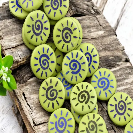 *8* 17mm Opaque Satin Chartreuse Blue Iris Laser Tattoo Sun Coin Beads {4}