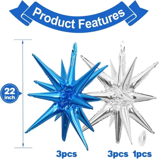 Blue Silver Star Foil Balloons, 22 Inch Blue and Silver Explosion Star Cone Spike Balloons Large for Boys Men Birthday Graduation Wedding Anniversary Party Backdrop Decoration {2}